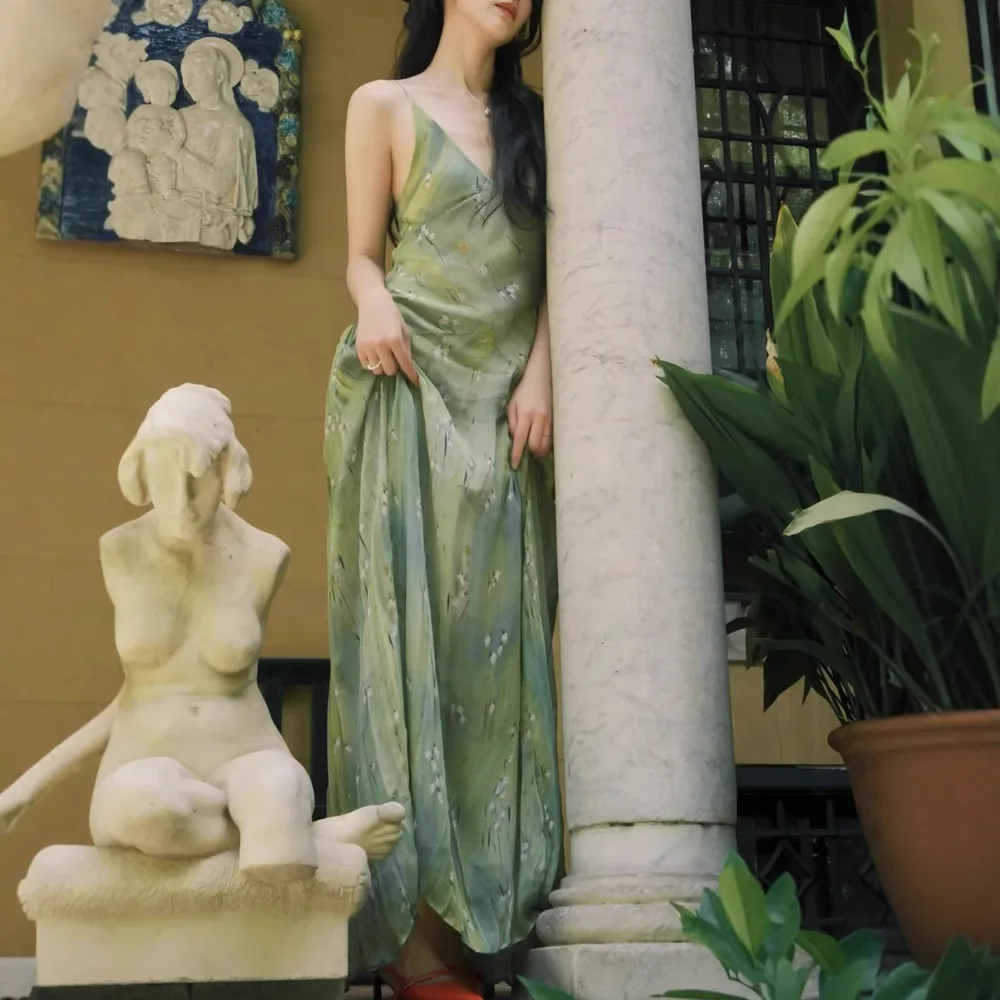 Green Sexy Spaghetti Strap Sleeveless Dress Women Flower Print A-Line Dresses Summer Casual Folds Midi Vestidos