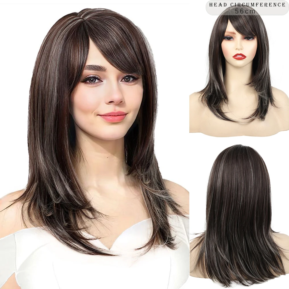 Synthetic Grey Straight Wig Medium Length Silver Gray With Bangs Women's Side Part for Woman High Quality Hair Wig