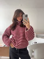 Loose Striped Women's Knit Cardigan Double Zipper Long Sleeve Stand Collar Female Sweater 2025 Autumn Winter Lady Lazy Knitwear