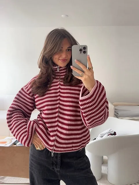 Loose Striped Women's Knit Cardigan Double Zipper Long Sleeve Stand Collar Female Sweater 2025 Autumn Winter Lady Lazy Knitwear