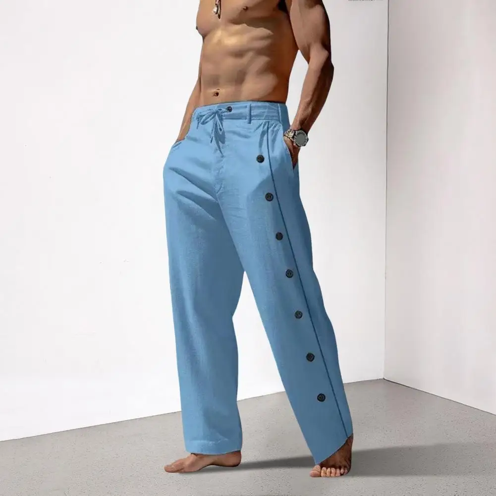 Men Drawstring Waist Pants Men Single-breasted Side Decoration Trousers Quick-drying Men's Casual Pants with Side for Gym