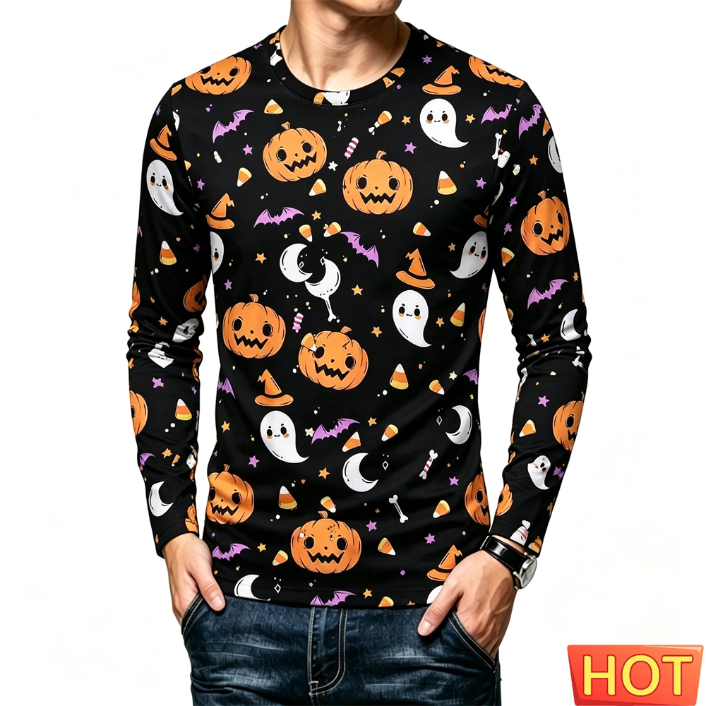 Halloween Party Men's Long Sleeve T-shirt Funny 3D Pumpkin Print Tee Casual O-neck Loose Pullover Autumn Fashion y2k Clothes Top