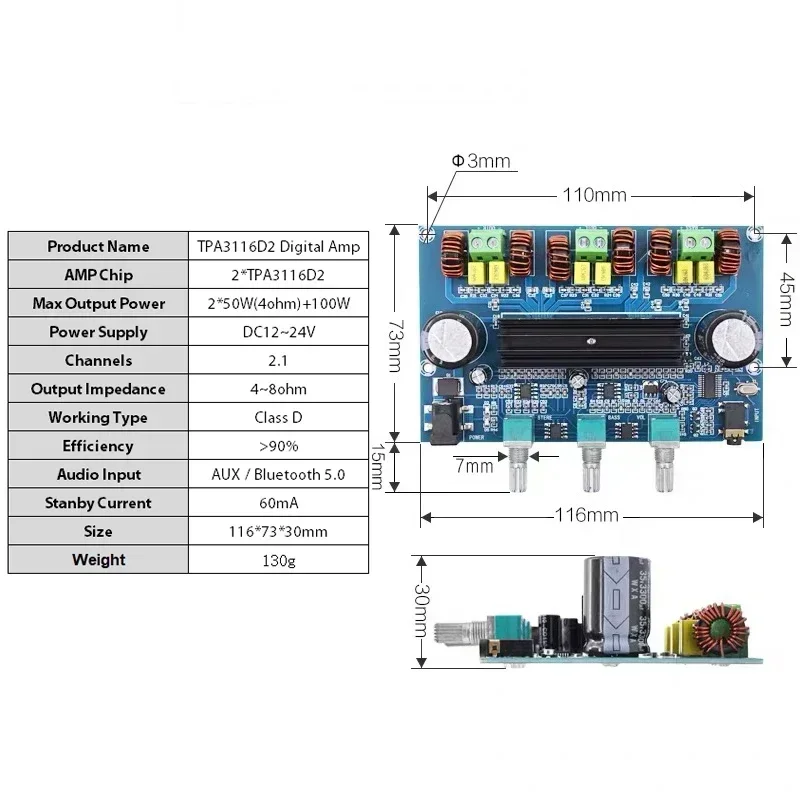 2*50W + 100W Bluetooth 5.0 Dual Tpa3116d2 Power Subwoofer Versterker Board 2.1 Channel Audio Stereo Equalizer Aux Amp