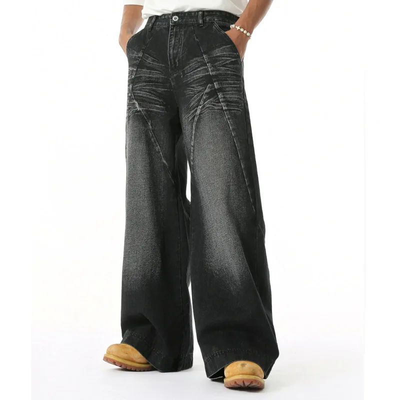 جينز رجالي بنمط الشارع الأمريكي المغسول بنمط شعيرات القط فضفاض غير رسمي متعدد الاستخدامات ثلاثي الأبعاد مستقيم الساق #5