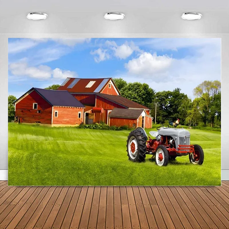 Country Farm Backdrop Barn Tractors Green Grass Blue Sky Background Photography Banner Birthday Party Kid Baby Shower Decoration