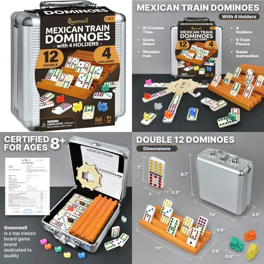 Juego de Dominó Mexican Train con 4 Soportes - Dominó Doble 12 con Centro de Madera y Soportes para Fichas - Juego de Dominó Doble 12 para Fa