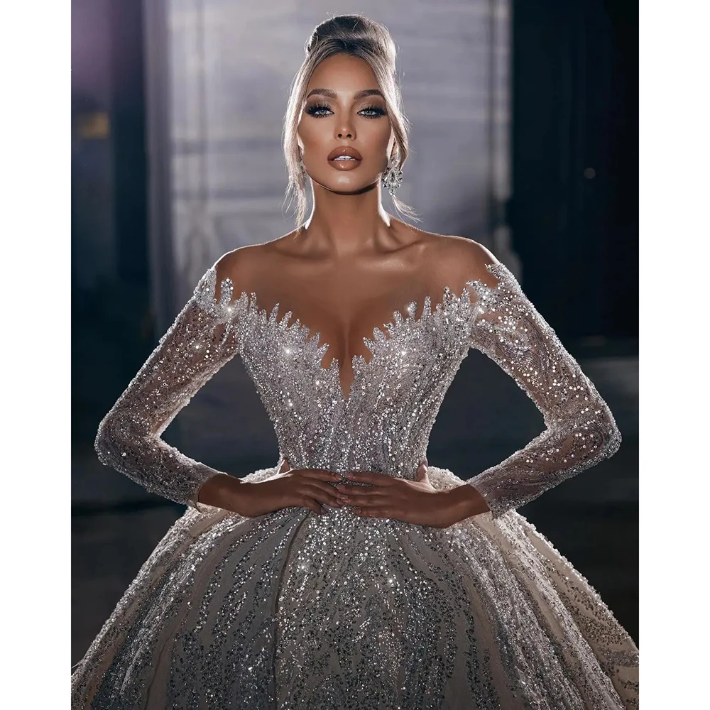 

Luxury Ball Gown Wedding Dress Elegant Sweetheart collar Lace applique beaded Long Sleeve Princess Bride Dress