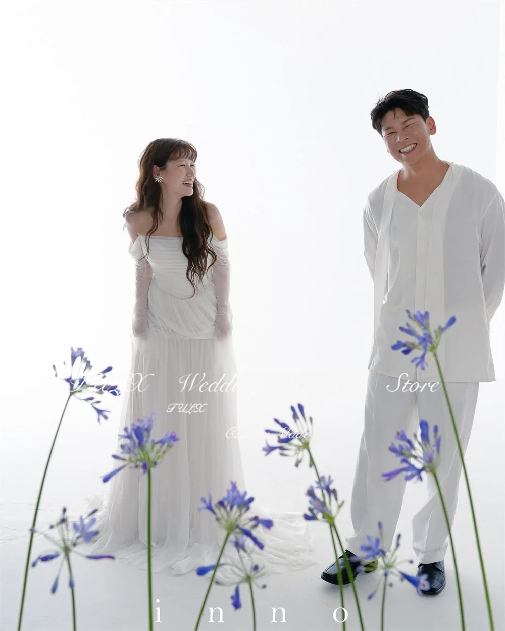 TULX Elegant Ivory Chiffon Long Wedding Dress Korea Photo Shoot Off Shoulder Long Sleeve Bridal Gowns Customized 웨딩드레스 2025