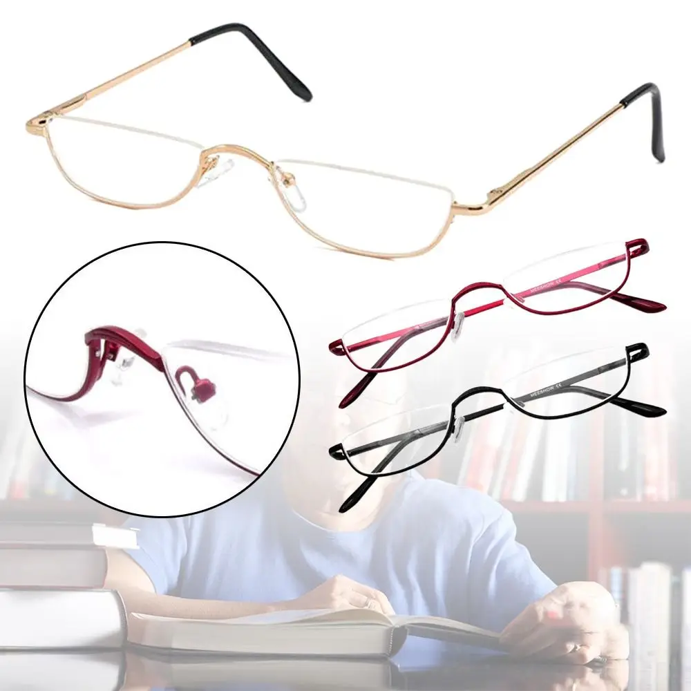 Flexible tragbare Federscharnier Metall Halbrahmen Halbmond Lesebrille Lesebrille +1,00~+4,0 Dioptrienbrille