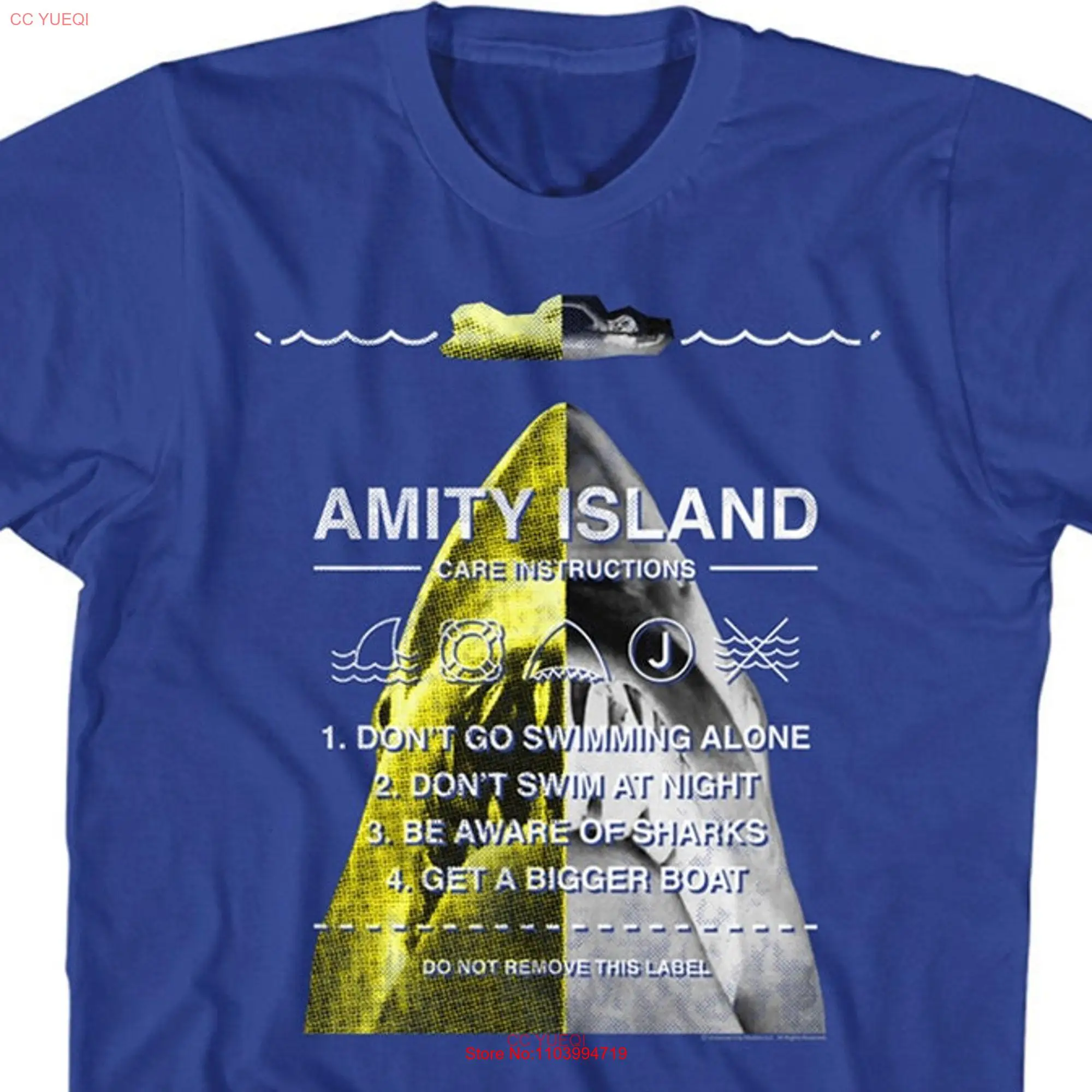 Jaws Amity Island Care Instructions Royal Blue T Shirt long or short sleeves