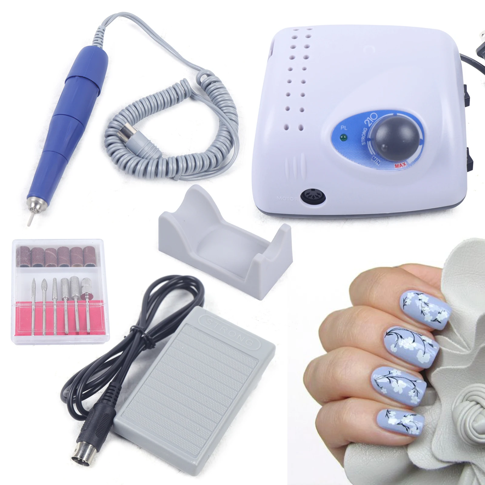 Taladro eléctrico de uñas Strong 210, 65W, 35000RPM, Lima de pedicura