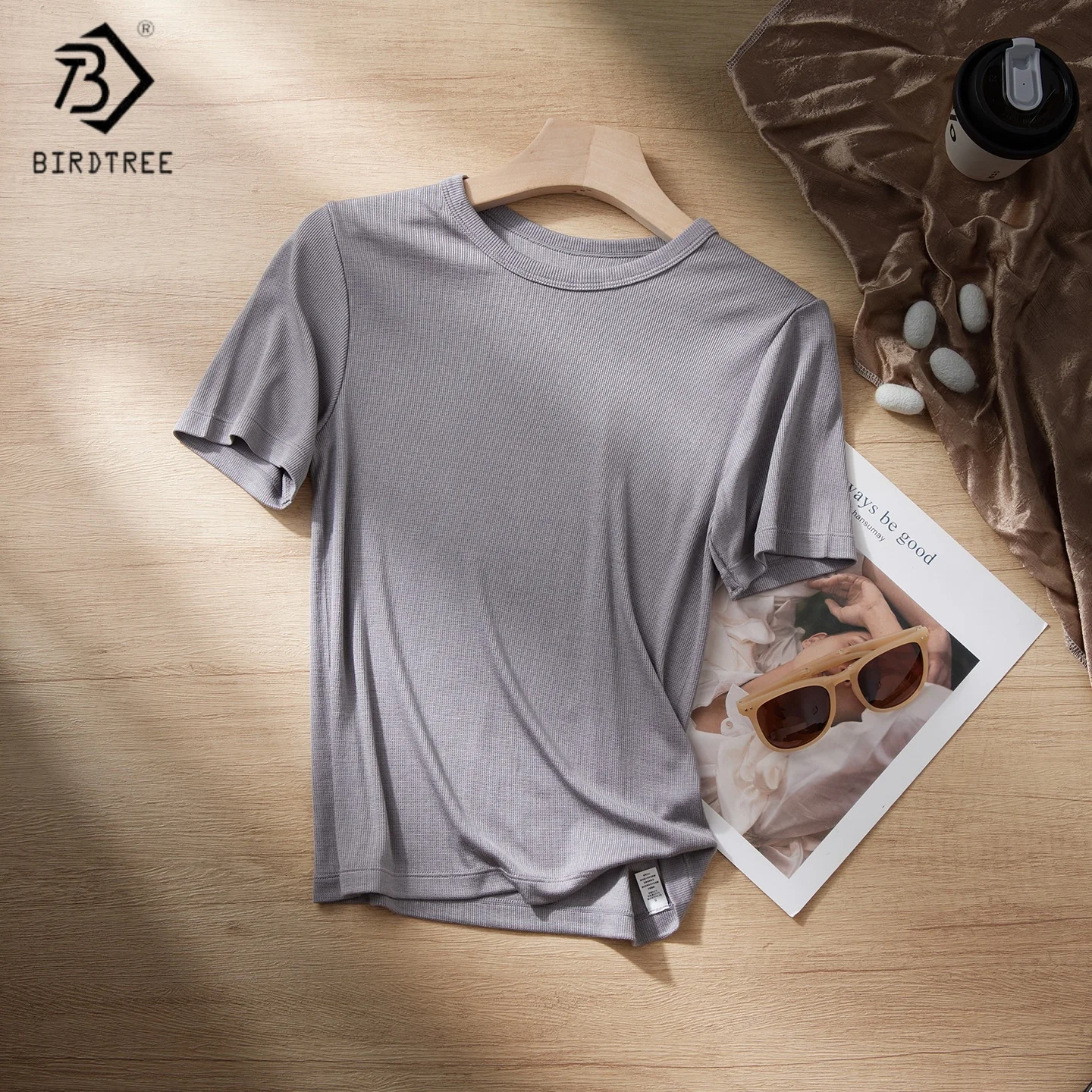 

Birdtree 34,6% трикотажная футболка из натурального шелка, женские топы с круглым вырезом и короткими рукавами, однотонная повседневная рубашка, облегающий крой, новинка 2025 года T5D711JF