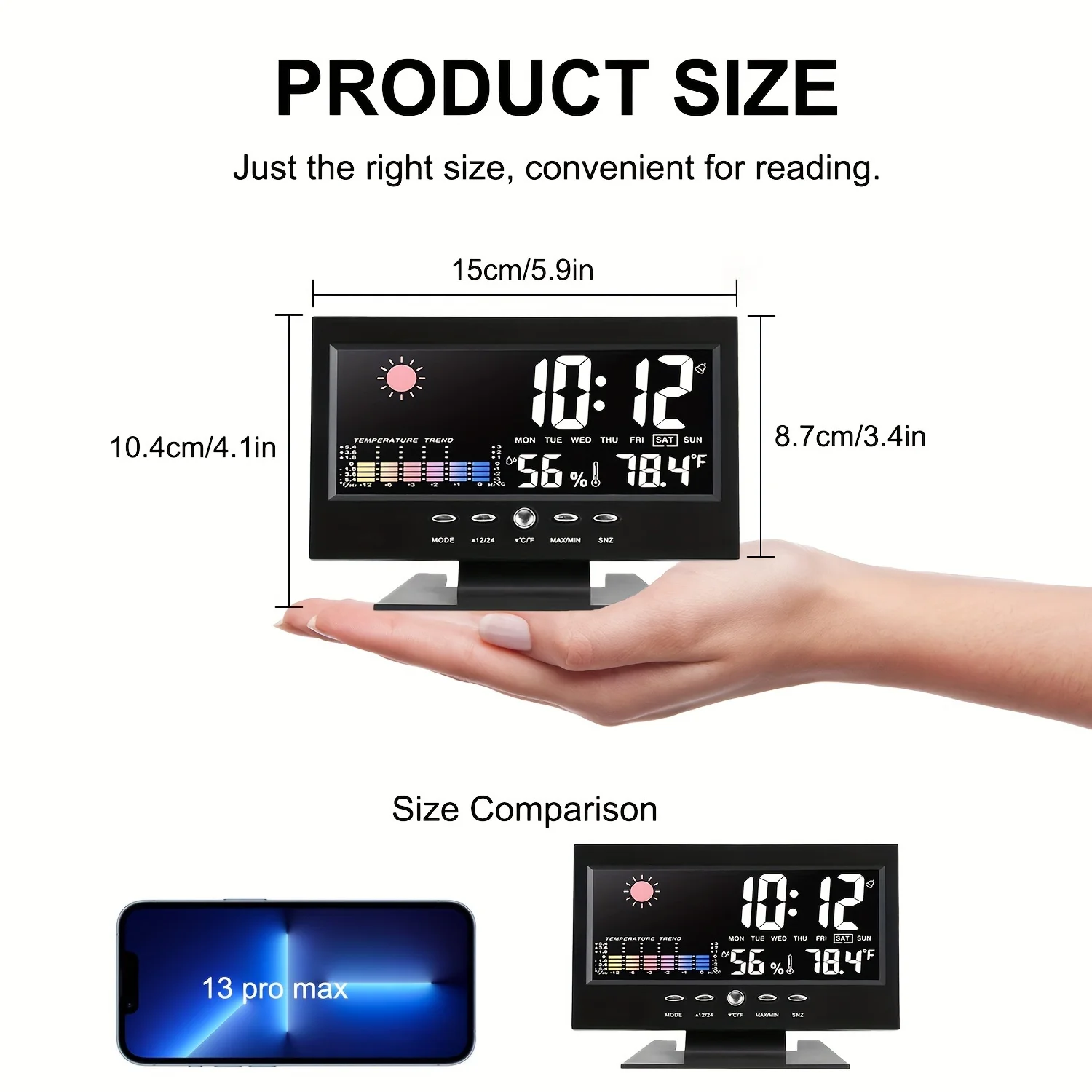 Digital Alarm Clock Desktop Clocks 12/24H Large Display Calendar Date Temperature Humidity Weather Forecast Table Clock Sound Ac