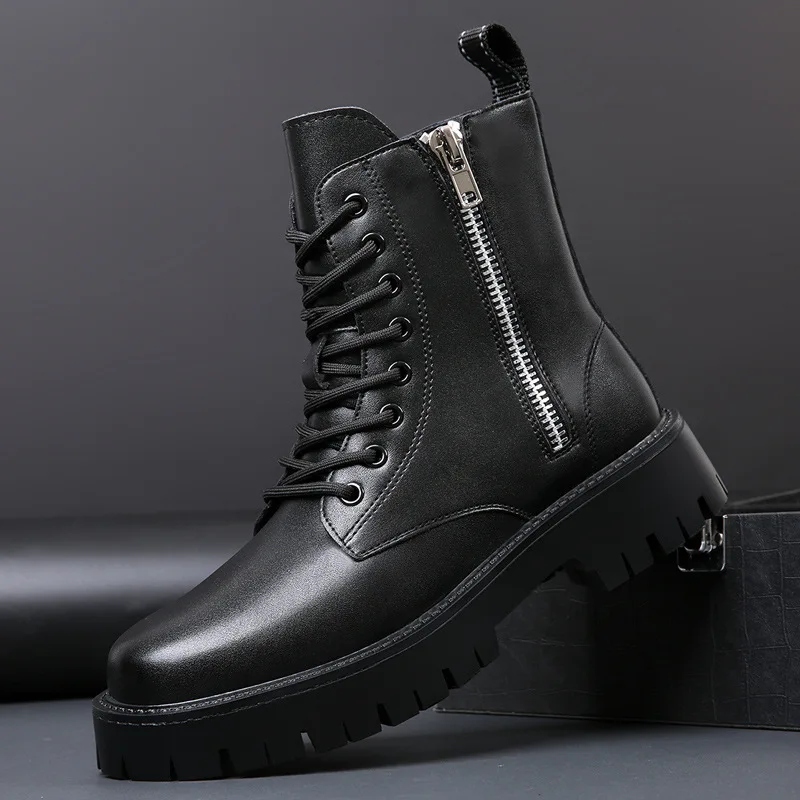 large size men's casual platform boots black stylish natural leather shoes cowboy autumn winter boot handsome ankle botas hombre - view 3