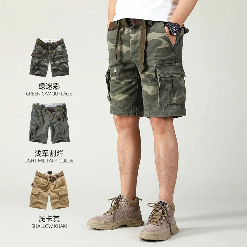 Shorts masculinos soltos, camuflados, calças soltas retas, bolso grande, cinco pontos, novo verão, 2024