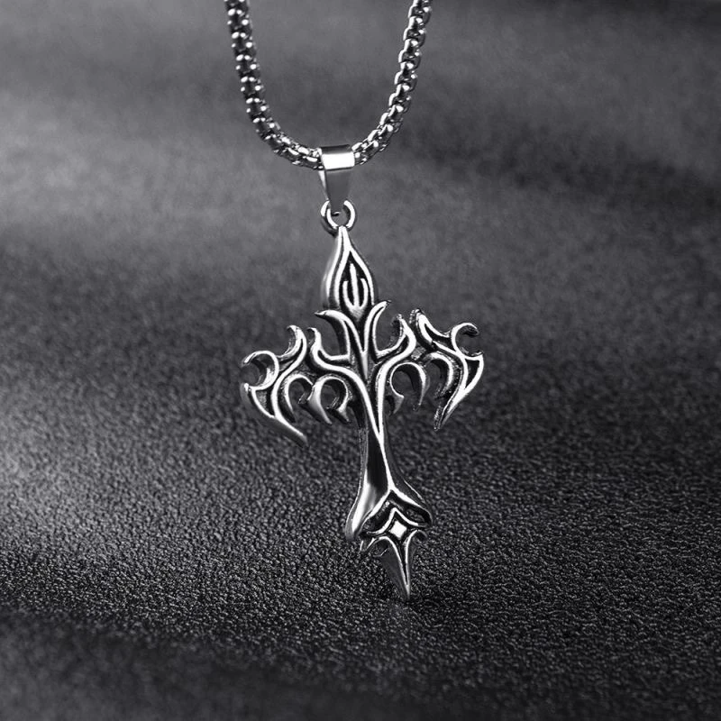 Modische Vintage Flammenkreuz-Anhänger Halskette für Damen und Herren, Lange Kette, Punk Goth Trendige Accessoires, Choker Gothic Schmuck – Detail 9