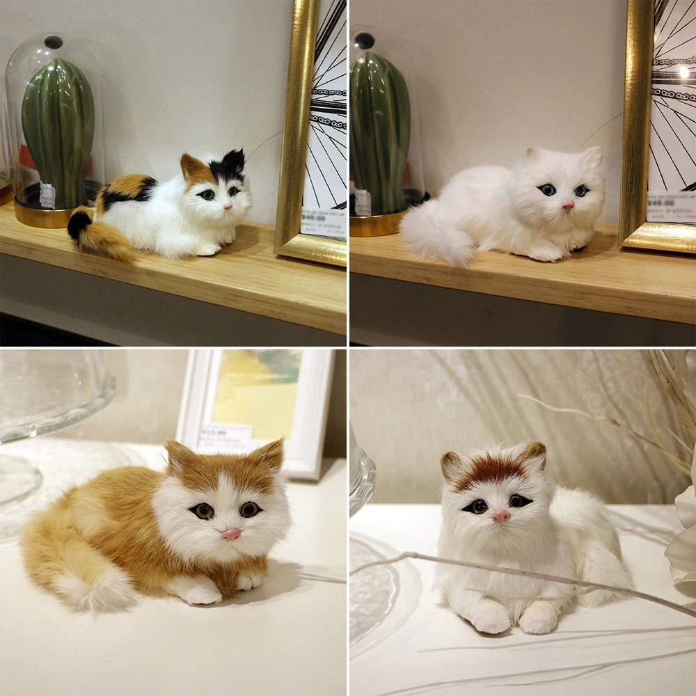 Simulated Animal Ornaments Plush Cat Model Furry Kitten Figurine Photography Display Window Prop for Home Decor Collectible Gift