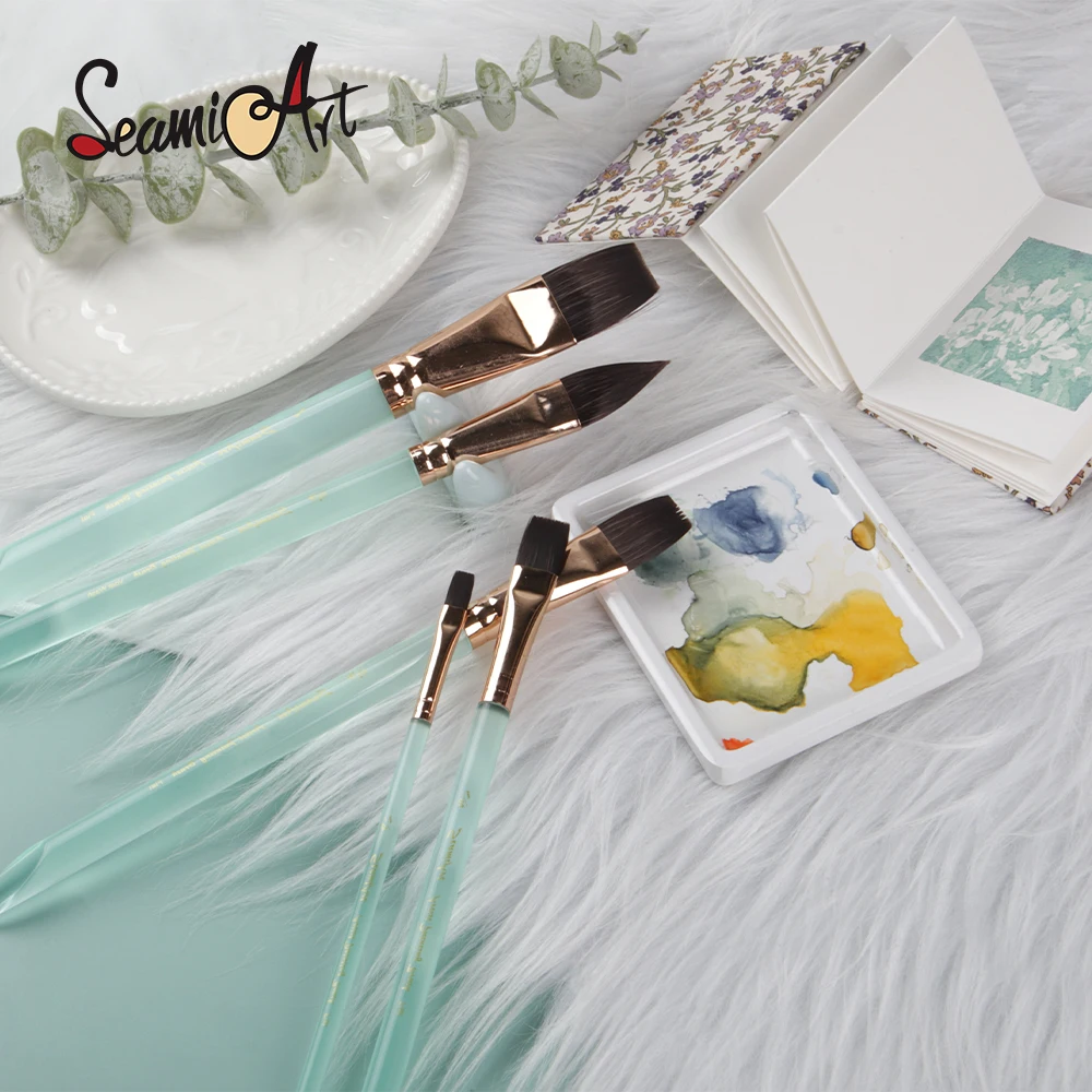 SeamiArt 1pc Flat Nylon Hair Crystal Handle Artist Painting Brush for Watercolor Gouache Acrylic Oil Art Supplies