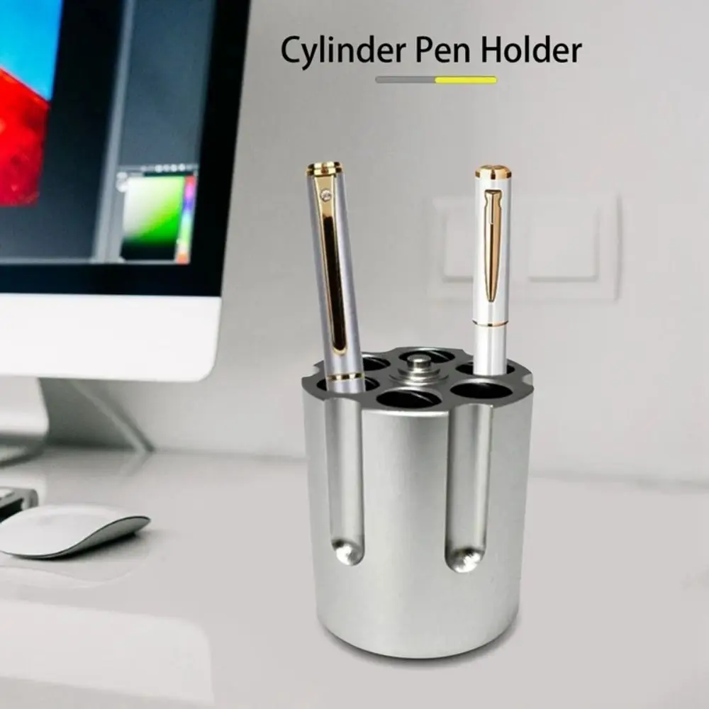 Durable Cylinder Revolver Pen Holder Non-Slip Aluminum Pencil Container Organizer Creative Desktop Ornament Office