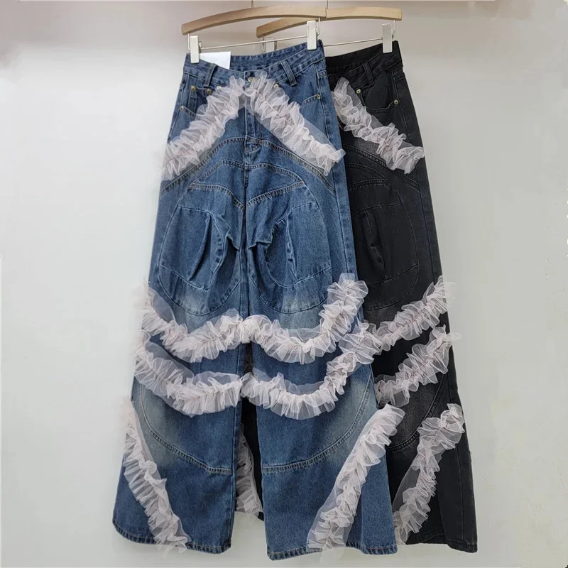 Y2k Clothes Streetwear Jeans Lace Ruffles Pants Women 2025 Casual High Waist Design Denim Fashion Baggy Female Trousers Pants