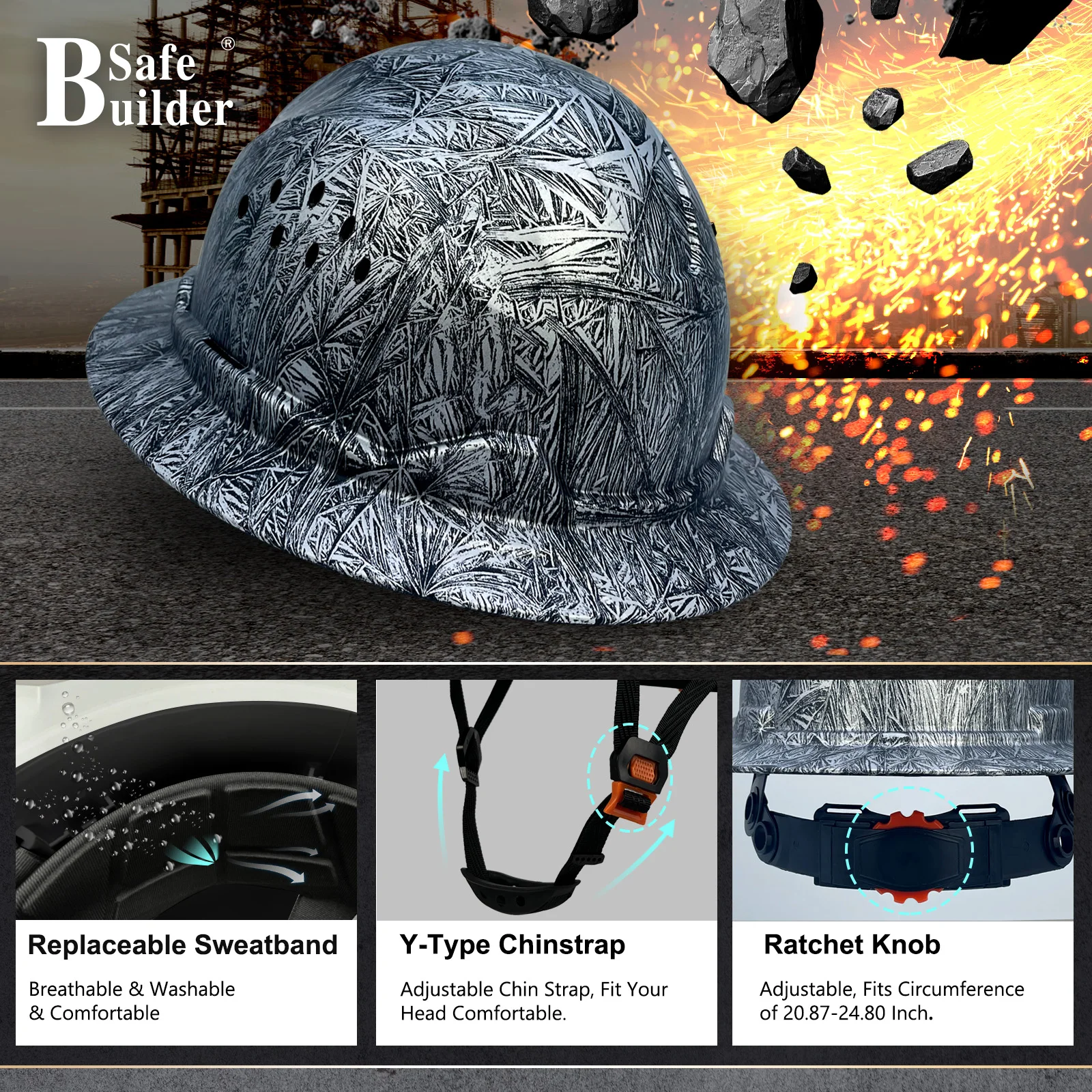 Full Brim Hard Hat Construction Work Men ANSI Approved HDPE Safety Helmet For Engineer Industrial with 6 Point Adjustable