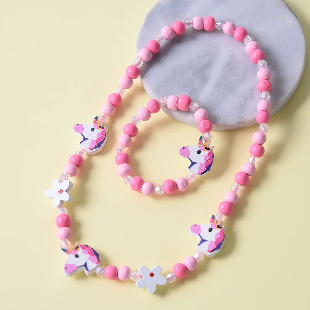Conjunto de collar y pulsera de cuentas para niños, 2 uds., con colgante de unicornio, cuentas de madera de arcoíris, joyería para fiesta de disfraces y Festival