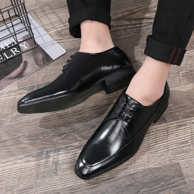 Men\'s Classic Retro Derby Shoes Mens Square Toe Business Dress Office Leather Shoes Men Fashion Wedding Outdoor Flats