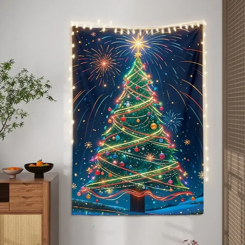 VIKAMA Blue Firework Christmas Tree Wall Tapestry Night Sky Colorful Light Ornament Ball Snowflake Star Holiday Aesthetic Home