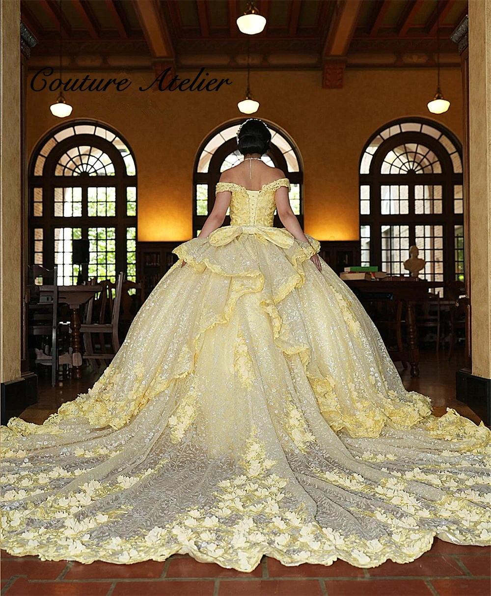 Chic Yellow Lace Flowers Off The Shoulder Ball Gown Quinceanera Dress 2025 With Bow Sweet 16 Dress vestidos para Customized