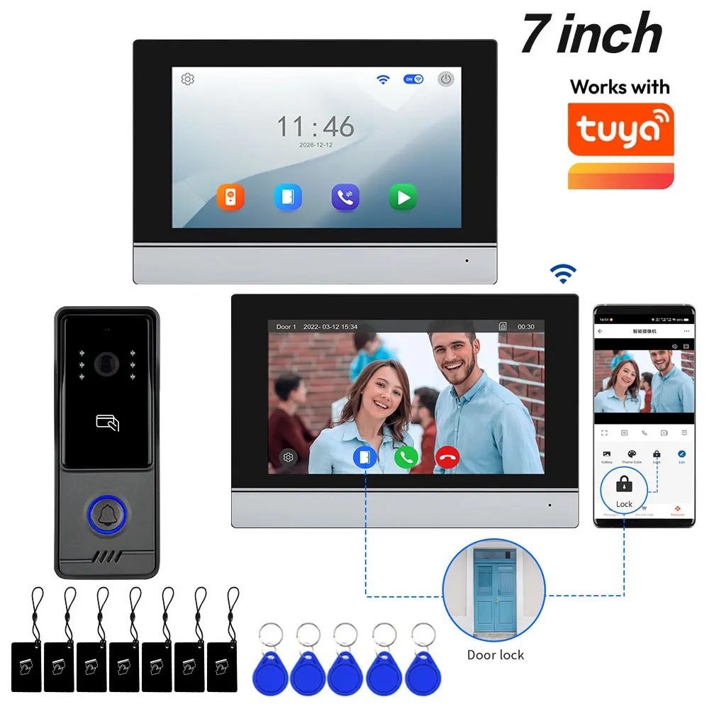 Interphone vidéo intelligent Tuya App Wifi 4 fils, caméra de porte sans fil RFID 1080P, écran 7 pouces, 2 pièces