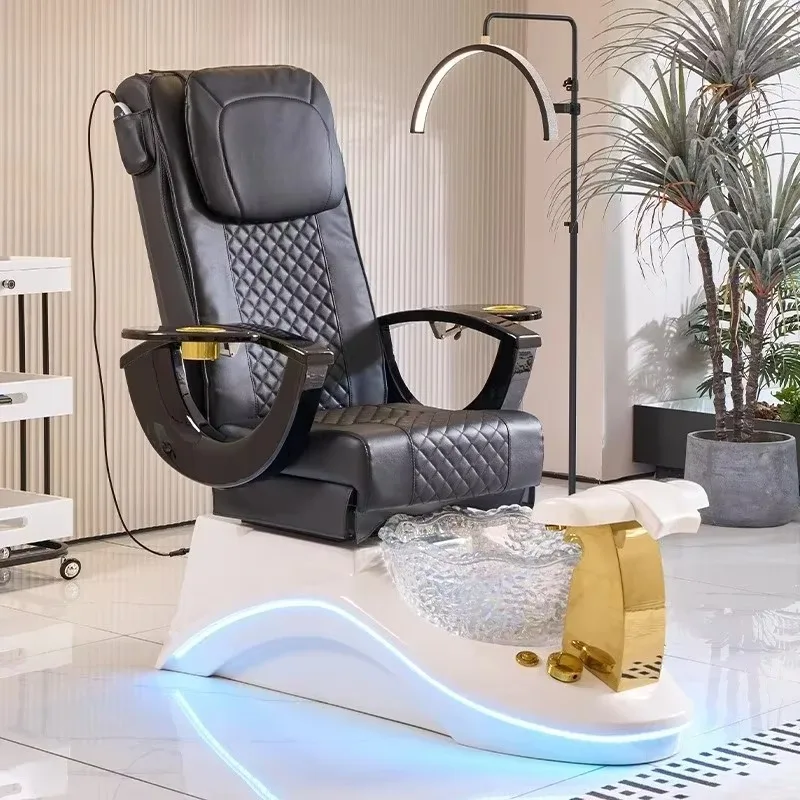 Luxury Black Quilted Pedicure Chair Crystal Foot Bath Gold Accents LED Base Reclining Manicure Chair for Nail Salon