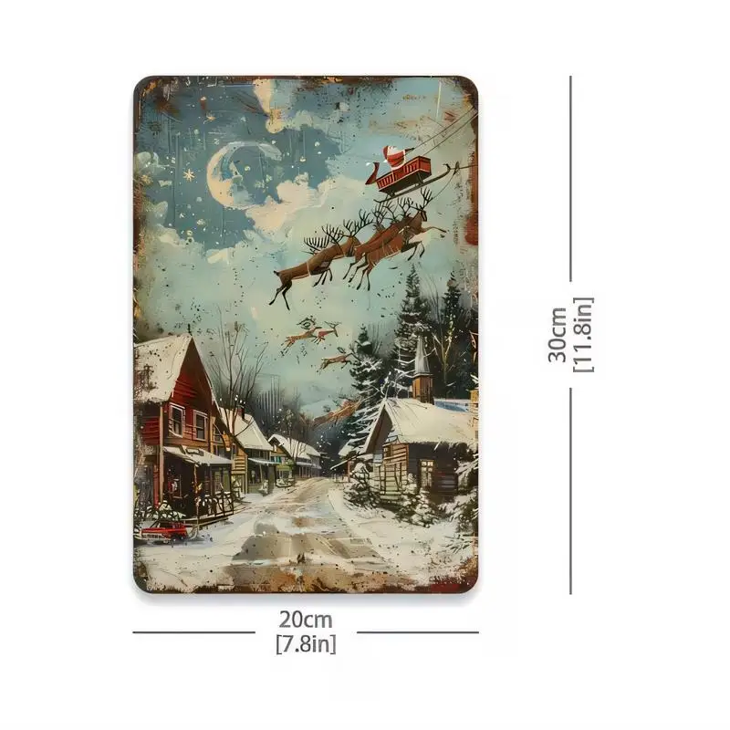 20x30cm Retro Christmas Santa & Reindeer Snow Town Metal Tin Sign - Iron Material, Vintage Wall Art, Festive Winter Decor for Ho