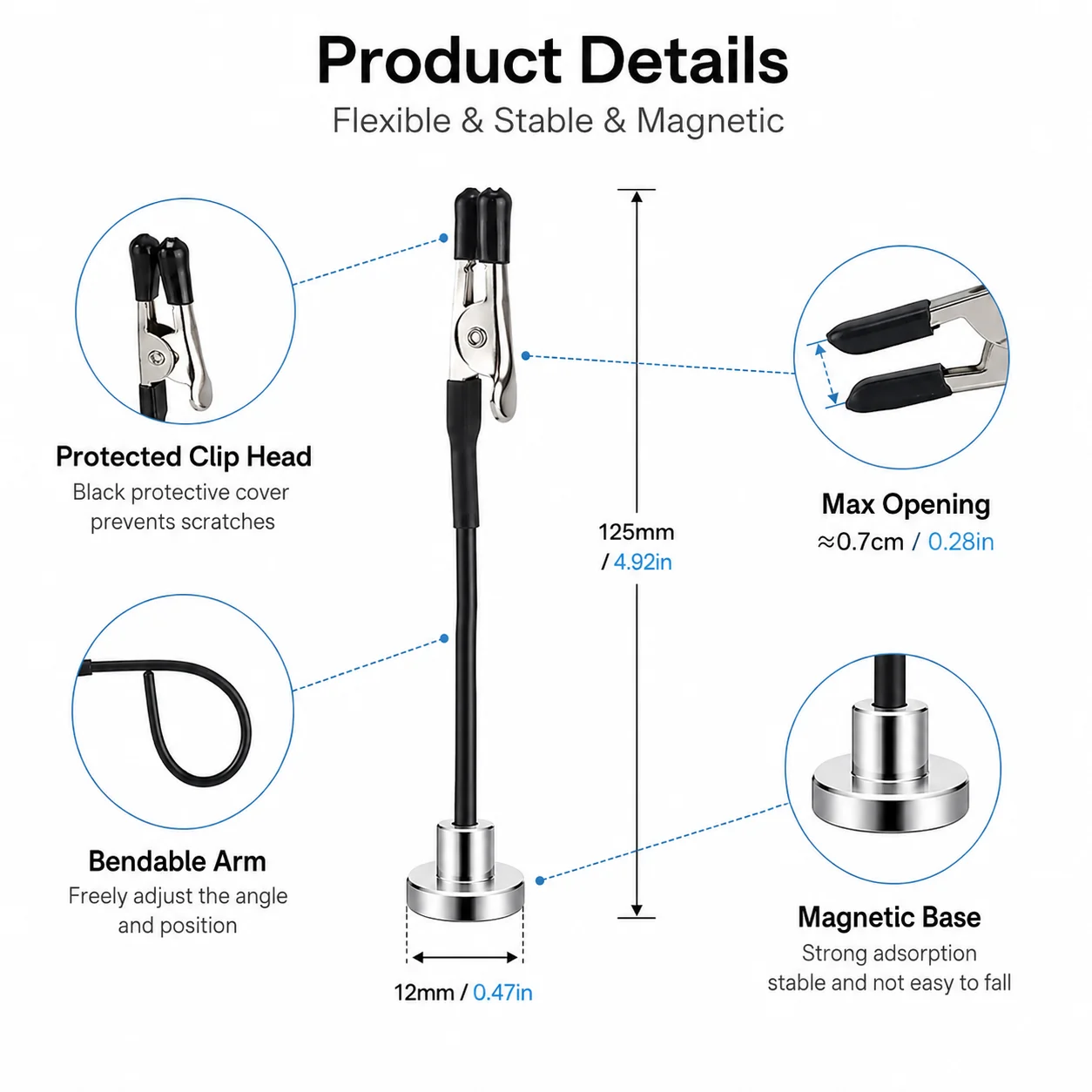 Dritte Hand zum Löten, 4-teiliger flexibler Arm mit magnetischer Basis, Krokodilklemmen, Leiterplattenhalter für Elektronik, Schweißen und Reparatur – Detail 3