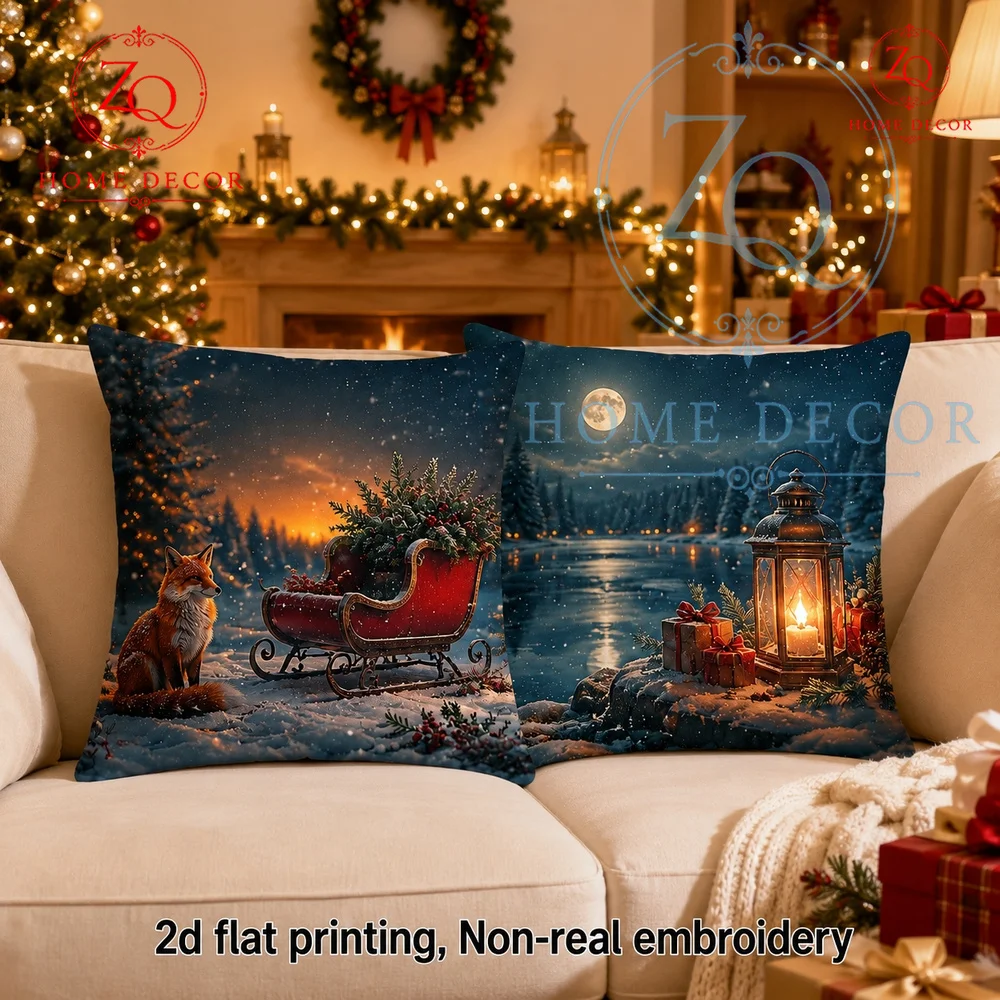 Cozy Winter Fox  Sleigh Christmas Throw Pillow Cover Rustic Night Scene Decorative Cushion Case  Holiday Home Decoration