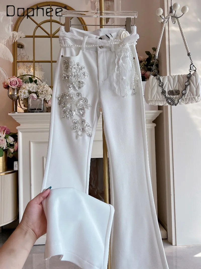 

Socialite Graceful Flared Pants for Women 2025 Autumn New Heavy Rhinestone Beaded High Waist Slimming Fashion White Long Pants