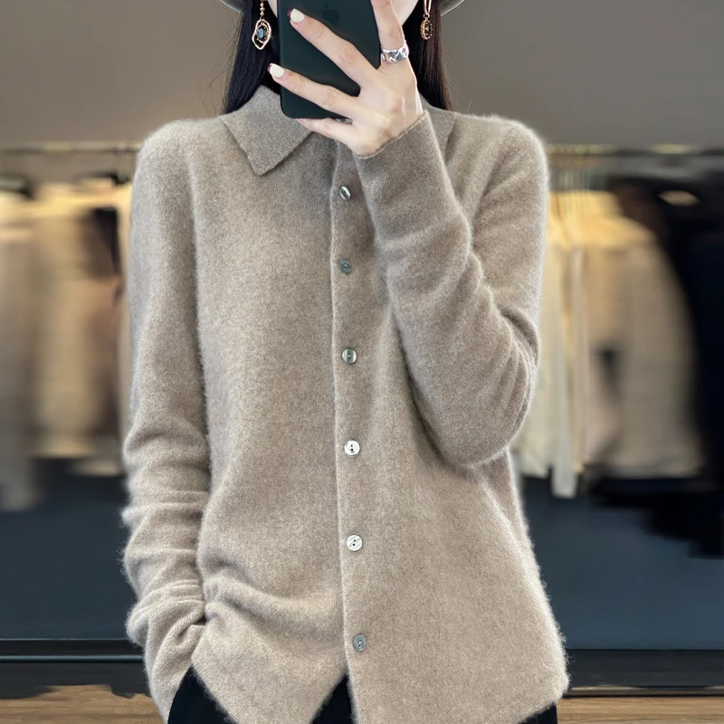 Women Merino Wool Sweater Polo Collar Tailored Cardigan Autumn Winter Cashmere Casual Knitwear Loose Soft Jacket Bottoming Tops