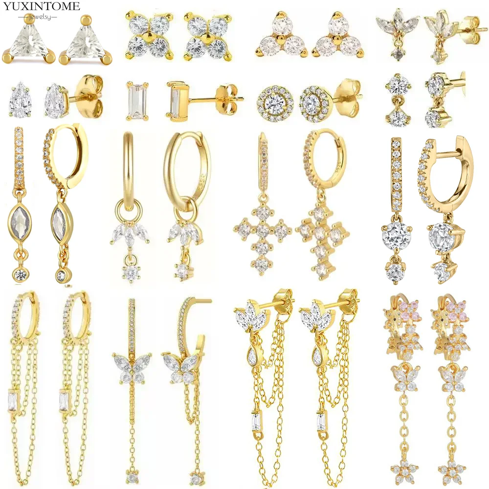 

925 Sterling Silver Needle Fashion White Zircon Hoop Earrings for Women Heart Pendant Gold Earrings Wedding Jewelry Senior Gifts