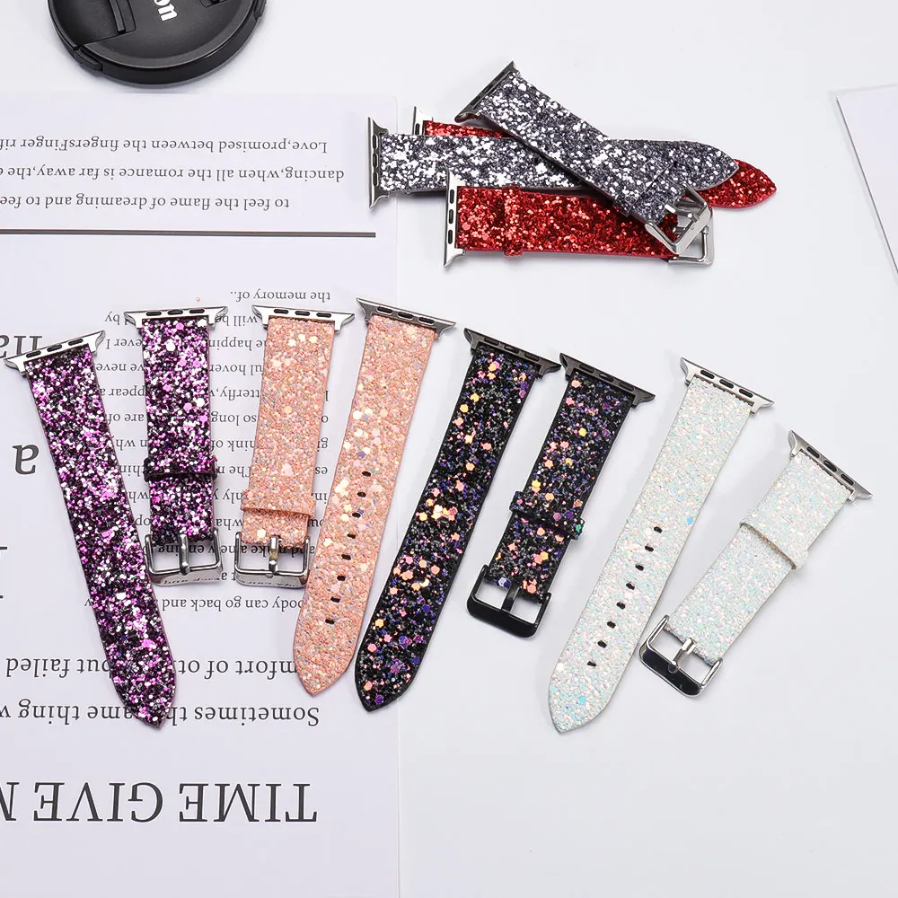 Leather Band for Apple Watch 38mm 40mm Women Bling Diamond 42 41mm 44 45mm 49mm Shiny Glitter Strap IWatch Series 8 7 6 5 4 3 2