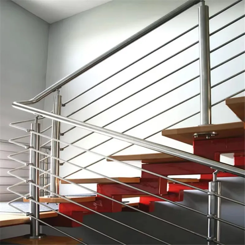 Polished stainless steel round bar stair railing | Indoor safety handrails with horizontal bar railings