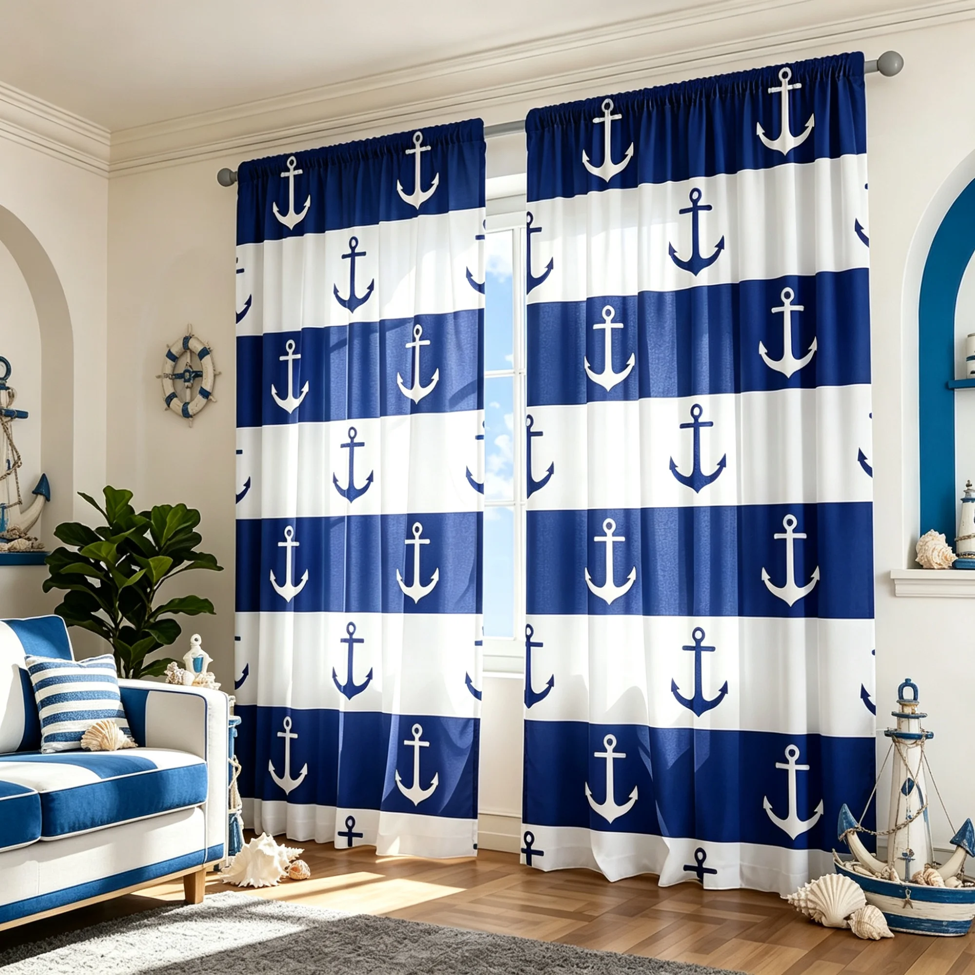 2D Flat 2Pcs curtains, Blue and white striped boat anchor pattern, simple ocean style, semi transparent, pole wearing