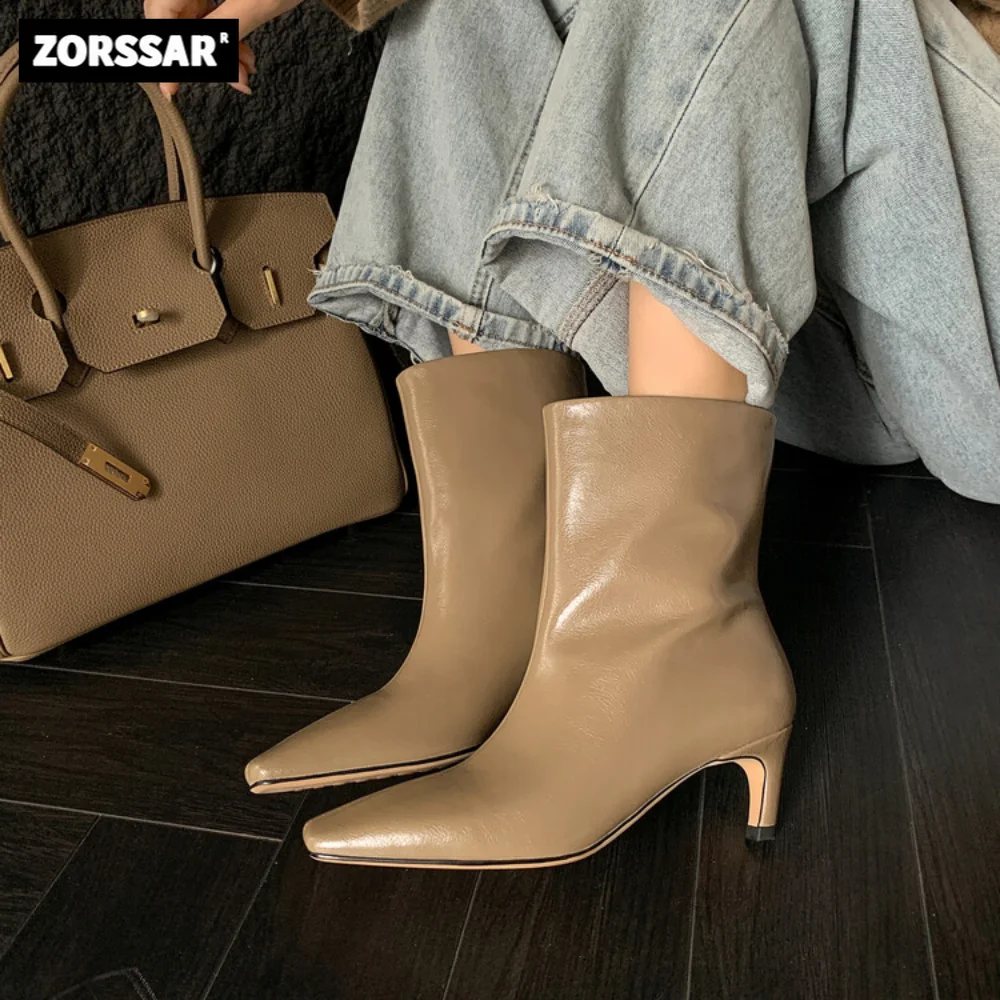 

Women Chelsea Boots Cow Leather Mid Heel Pointed Toe Ankle Boots Fashion Street Style High Heels Short Boots Women Winter Shoes