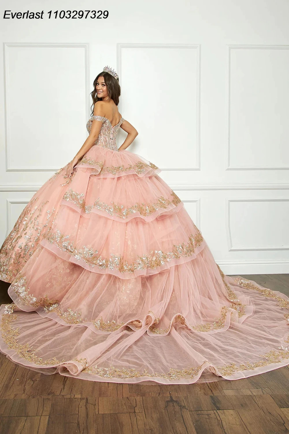 EVLAST Pink Quinceanera Dress Ball Gown Gold Lace Applique perline a strati manica a sbuffo dolce 16 Vestidos De XV 15 Anos TQD643