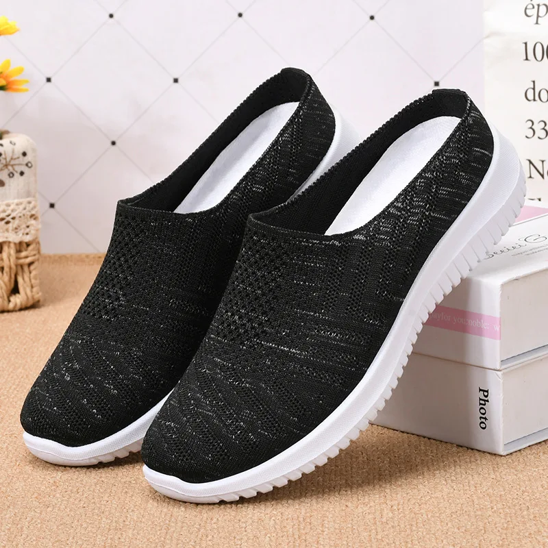 Women's Breathable Knitted Upper Mules Closed Toe Half Slippers Lightweight Slip On Casual Shoes Soft Sole Comfortable Mom Shoes