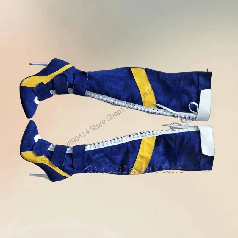 

Blue Yellow Cross Tied Pointed Toe Runway Boots Back Zipper Women Shoes Thin High Heels Fashion Banquet 2025 Zapatos Para Mujere