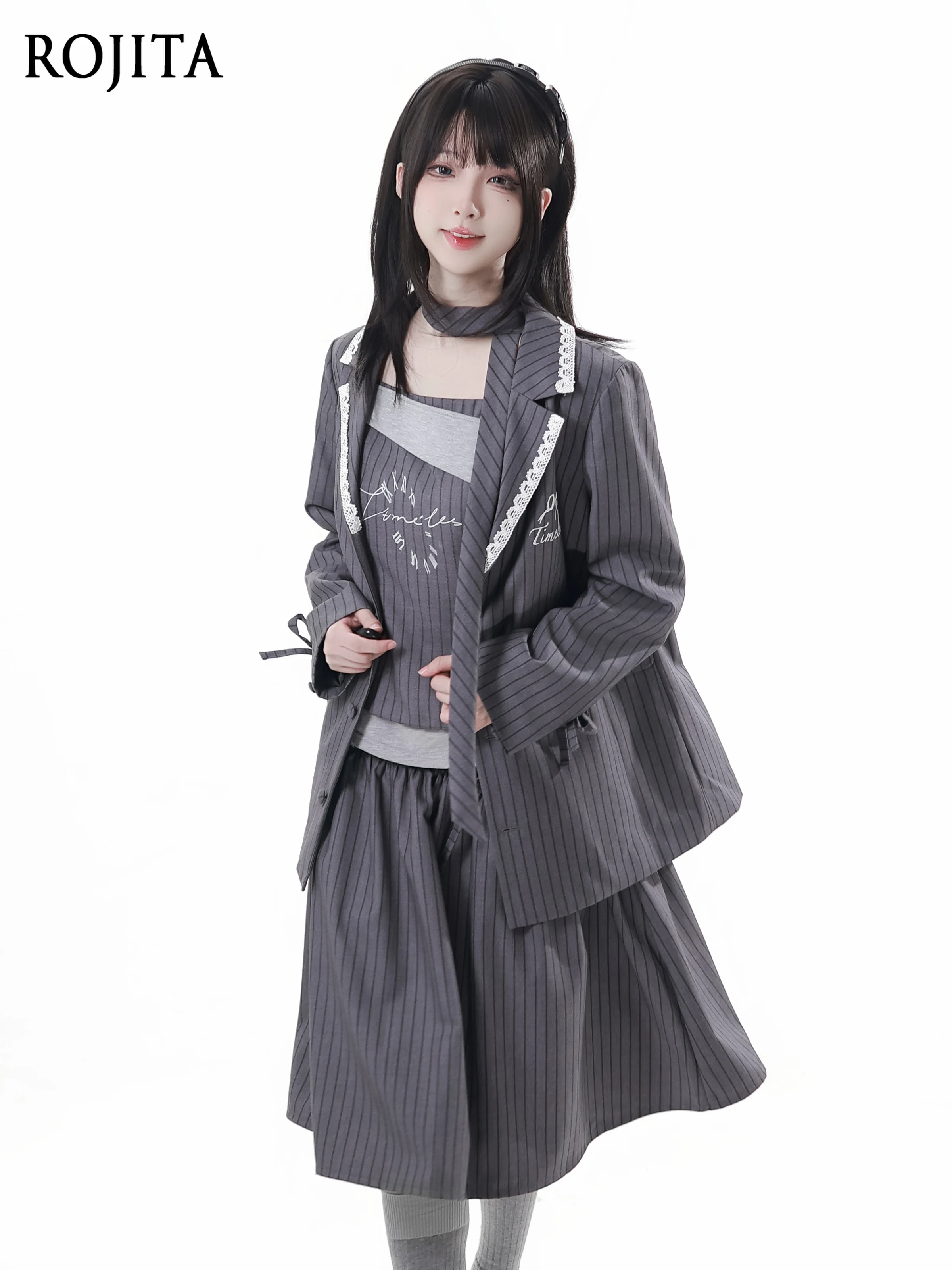 

Striped Suit College Advanced Gray Texture Draped Set Asymmetrical Shoulder Long Sleeve Base T-Shirt Camisole + Decorative Scarf