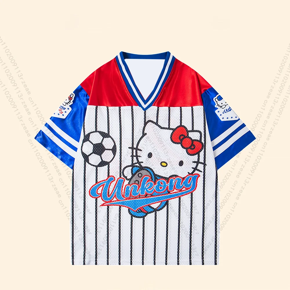 

Sanrio HelloKitty, милая спортивная футболка с мультяшным аниме-принтом, летний топ, повседневный дышащий женский топ Y2k в стиле Харадзюку с короткими рукавами