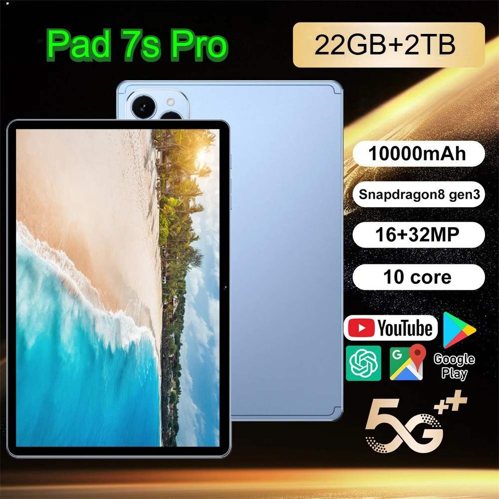 

НОВЫЙ Оригинальный планшет Pad 7s Pro 10.1HD 22 ГБ + 2 ТБ, Android, 10000 мАч, глобальная версия, 5G, две SIM-карты, Wi-Fi, для детей, в подарок