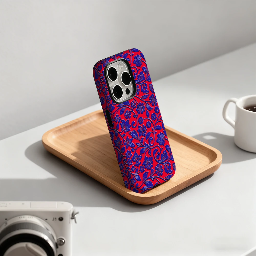 Luxo vermelho & azul florais caso de telefone para iphone 17 16 15 14 13 12 11 pro max air plus luxo dupla camada capa traseira