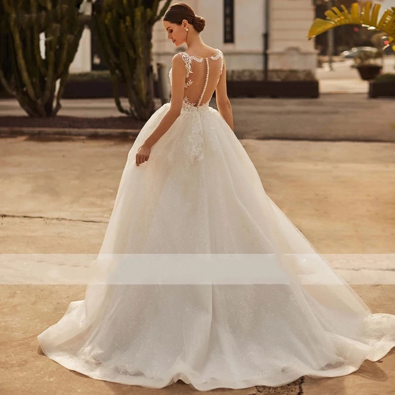 Vestidos De Novia románticos para mujer, línea A, Apliques De encaje, ilusión trasera, sin mangas, elegantes Vestidos De Novia