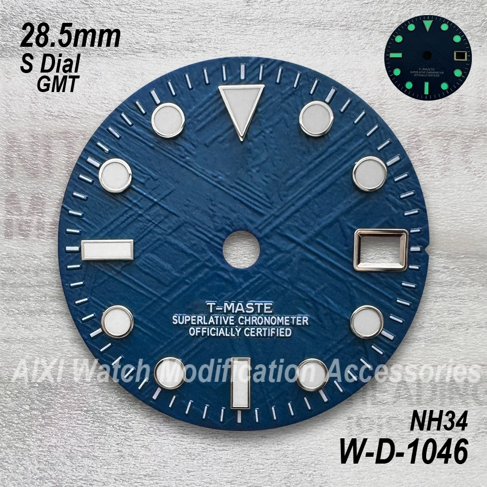 28.5mm S 로고 새로운 스타일 GMT 운석 다이얼 맞는 NH34 일본 운동 녹색 빛나는 시계 수정 액세서리